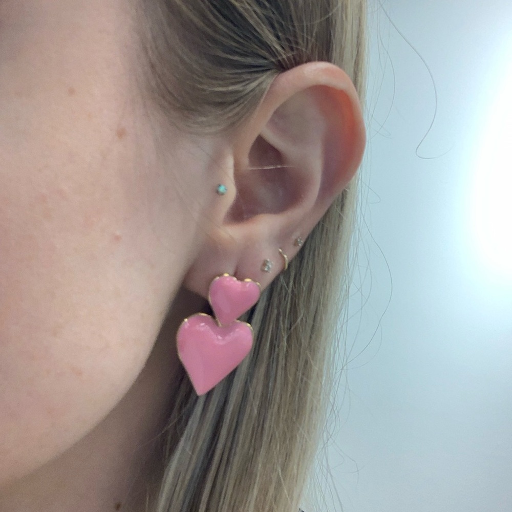 pastel pink and gold stud earrings enamel heart dangling